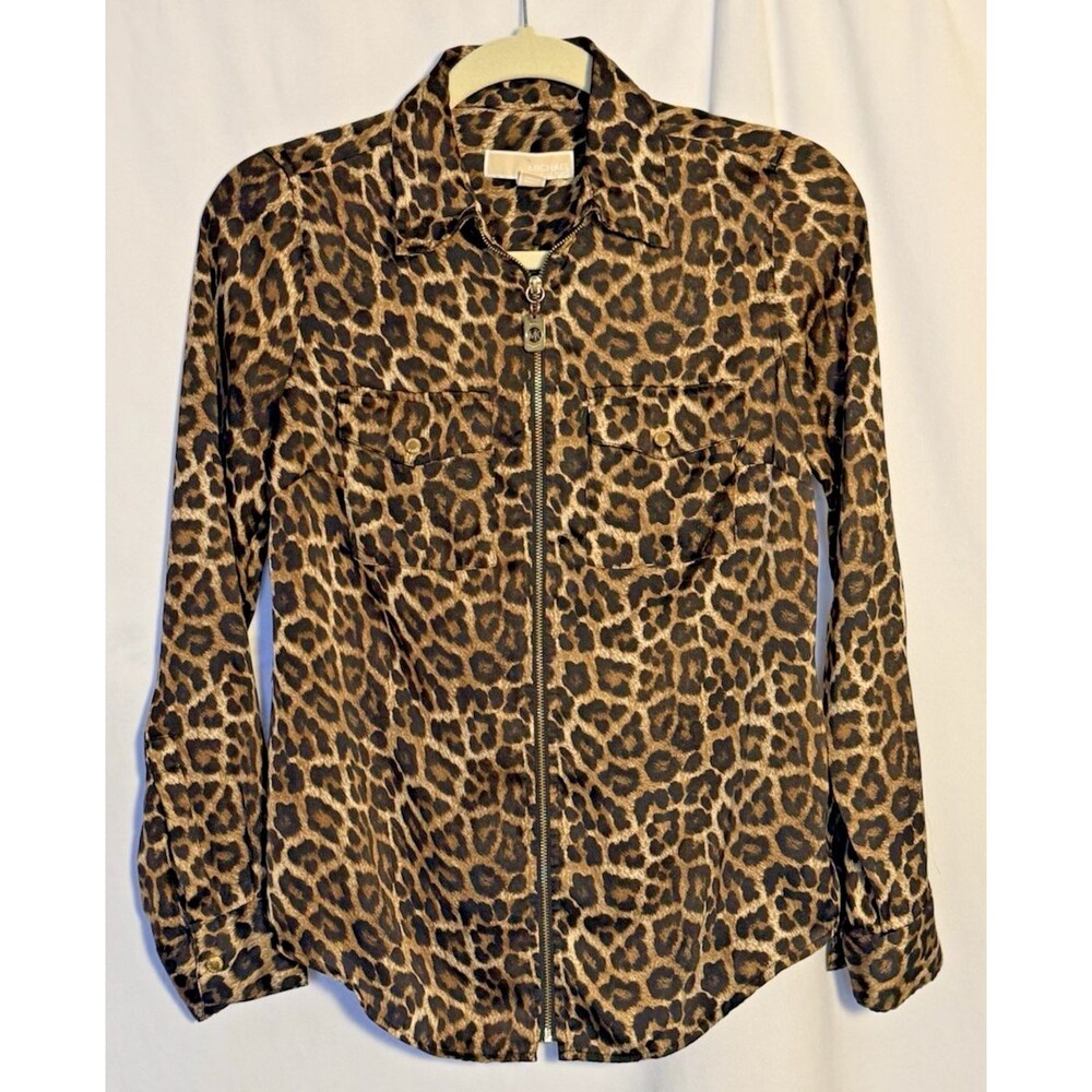 Michael Kors Womens Top Full Zip Roll Tab Sleeve Leopard Animal Print Sz XS